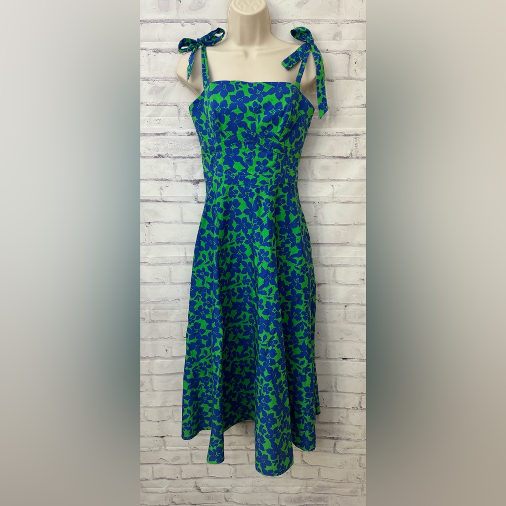 Shoshanna Size 2 Majorelle Dress Square Neck Floral Midi Bright Blue Green